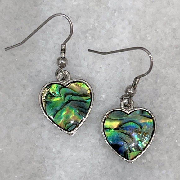 Abalone Shell Silver Heart Dangle Earrings - Picture 4 of 11